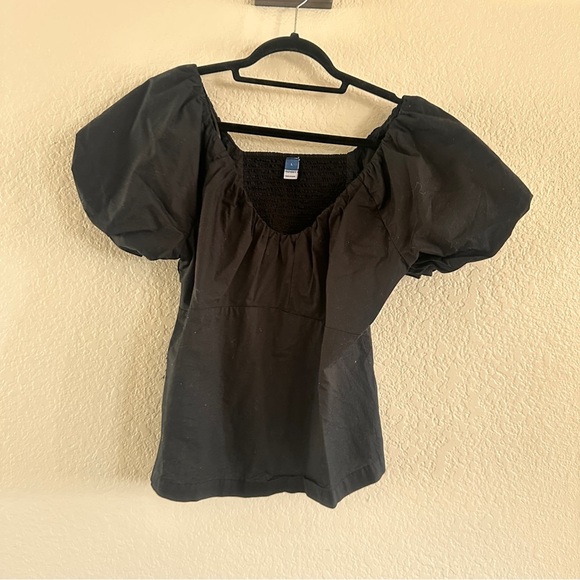 Old Navy Black Puff Sleeve Ruffled Blouse Empire Waist Size Large Minimalist Fun - Picture 1 of 11